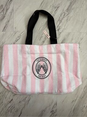 Victoria's Secret Pink & White Terry Striped Tote with Black Handles